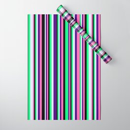 [ Thumbnail: Eye-catching Green, Lavender, Indigo, Hot Pink & Black Colored Lines/Stripes Pattern Wrapping Paper ]