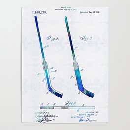 Blue Hockey Stick Art Patent - Sharon Cummings Poster