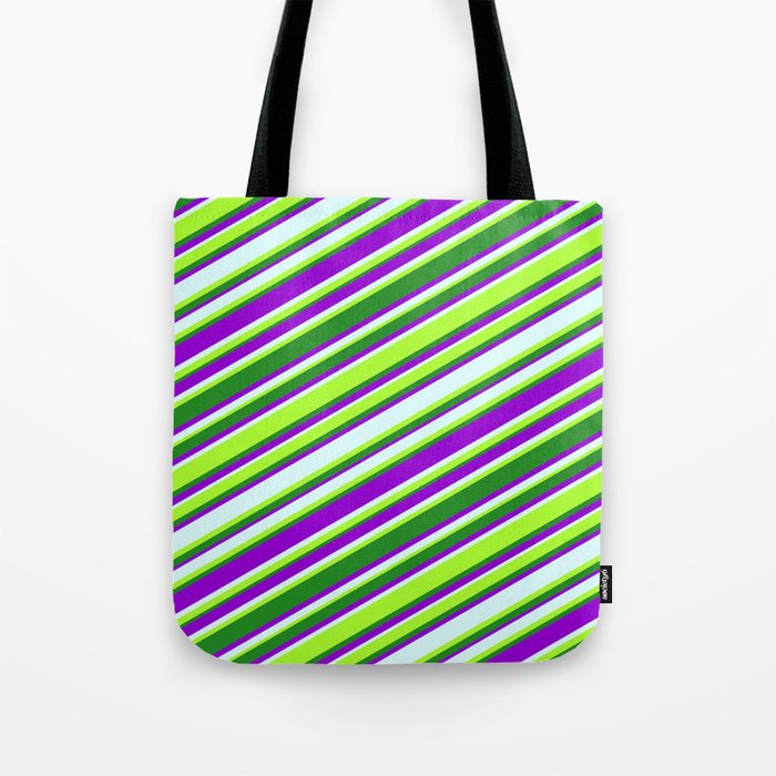 Dark Violet, Light Cyan, Light Green & Forest Green Colored Lines Pattern Tote Bag