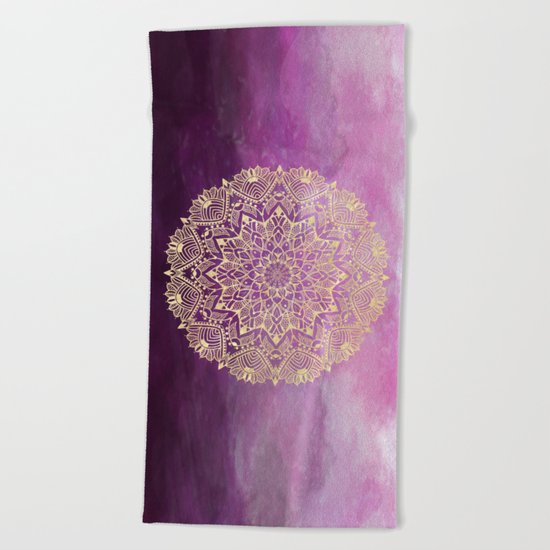 Gold mandala on maroon ink Beach Towel