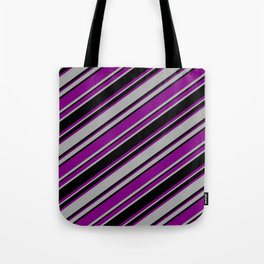 [ Thumbnail: Purple, Dark Gray & Black Colored Striped/Lined Pattern Tote Bag ]