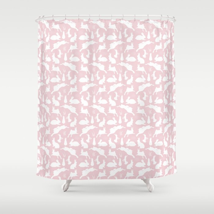 Rabbit Pattern | Rabbit Silhouettes | Bunny Rabbits | Bunnies | Hares | Pink and White | Shower Curtain