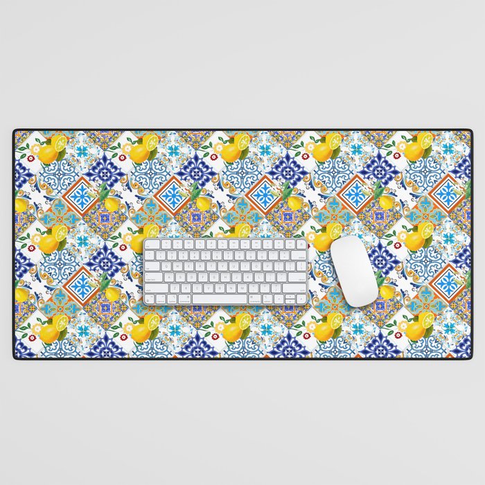 Tiles,mosaic,azulejo,quilt,Portuguese,majolica,lemons,citrus. Desk Mat