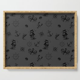 Dark Grey And Black Silhouettes Of Vintage Nautical Pattern Serving Tray