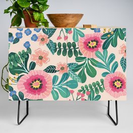 Colorful Tropical Vintage Flowers Abstract Credenza