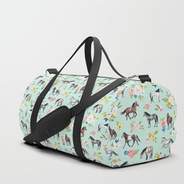 Horse and Flower Print, Mint Blue, Pink flowers, Equestrian, Spring Floral Duffle Bag