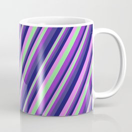 [ Thumbnail: Colorful Light Green, Dark Orchid, Dark Slate Blue, Midnight Blue, Violet Colored Striped Pattern Coffee Mug ]