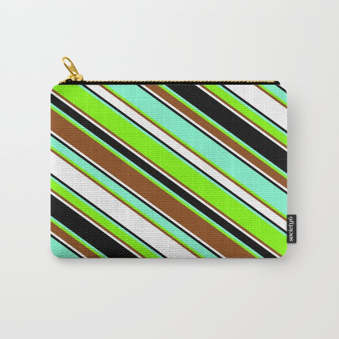 Aquamarine, Chartreuse, Brown, White, and Black Colored Striped/Lined Pattern Carry-All Pouch