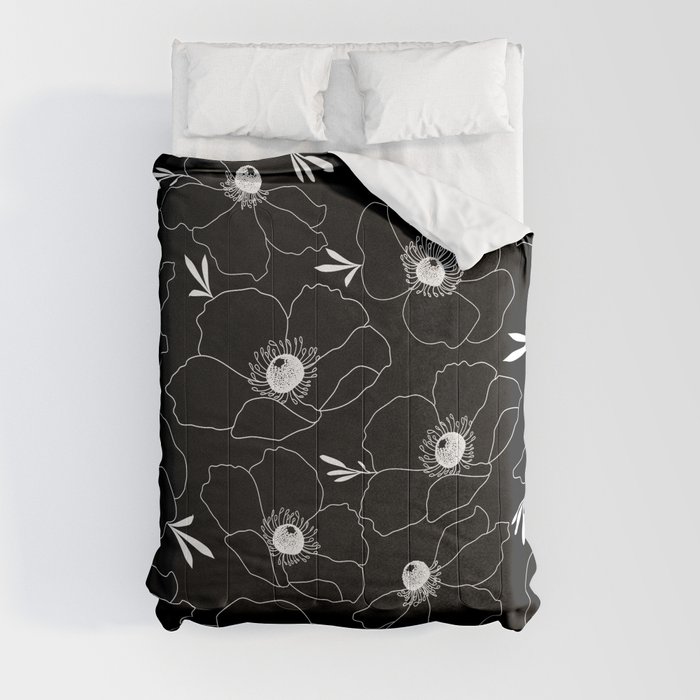 Anemone Flower Pattern on Black Comforter