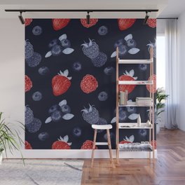 Strawberry Pattern with raspberries and blueberries Wall Mural