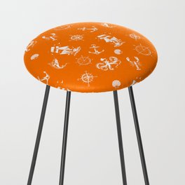 Orange And White Silhouettes Of Vintage Nautical Pattern Counter Stool