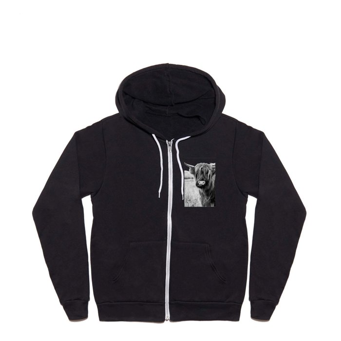 Highland Cow Landscape, Black and White Full Zip Hoodie