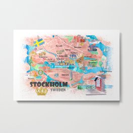 Stockholm Sweden Illustrated Map with Main Roads Landmarks and Highlights Metal Print