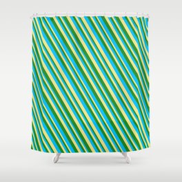 [ Thumbnail: Deep Sky Blue, Tan & Forest Green Colored Striped Pattern Shower Curtain ]