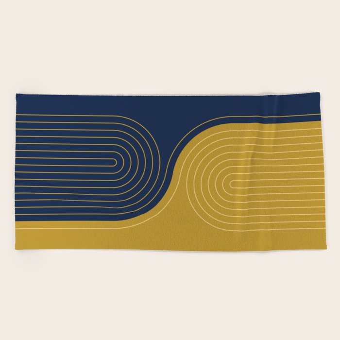 Geometric Lines in Color of Navy blue and Gold (Rainbow and Arch Abstract) Beach Towel by