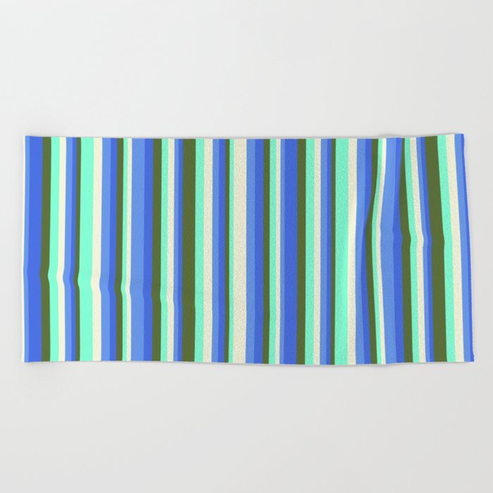 Eyecatching Dark Olive Green, Royal Blue, Cornflower Blue, Beige, Aquamarine Colored Stripes Pattern Beach Towel