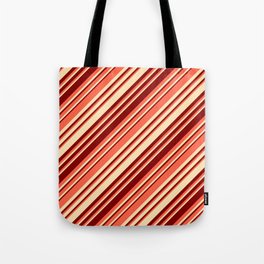 [ Thumbnail: Red, Beige, and Maroon Colored Striped/Lined Pattern Tote Bag ]