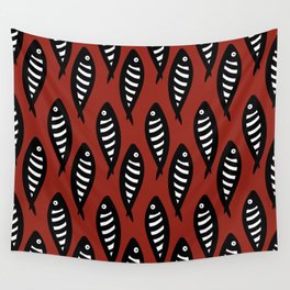 Abstract black and white fish pattern Red Wall Tapestry