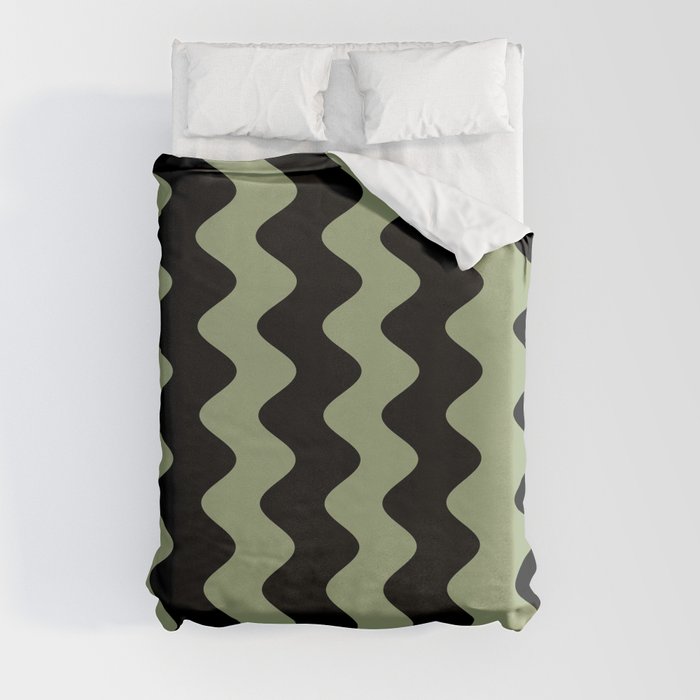 Green and Black Vertical Rippled Stripe Pattern - Glidden 2022 Color of the Year Guacamole PPG1121-5 Duvet Cover