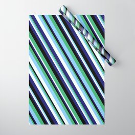 [ Thumbnail: Eye-catching Sea Green, Light Sky Blue, Mint Cream, Midnight Blue, and Black Colored Lined Pattern Wrapping Paper ]