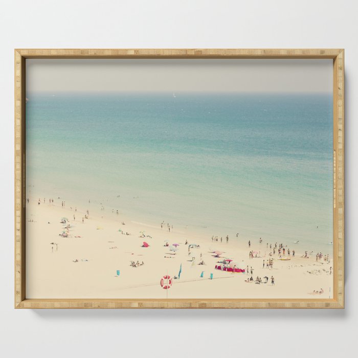 Aerial Crowded Beach - Pastel Beach - Ocean Print - Sea Travel photography Serving Tray