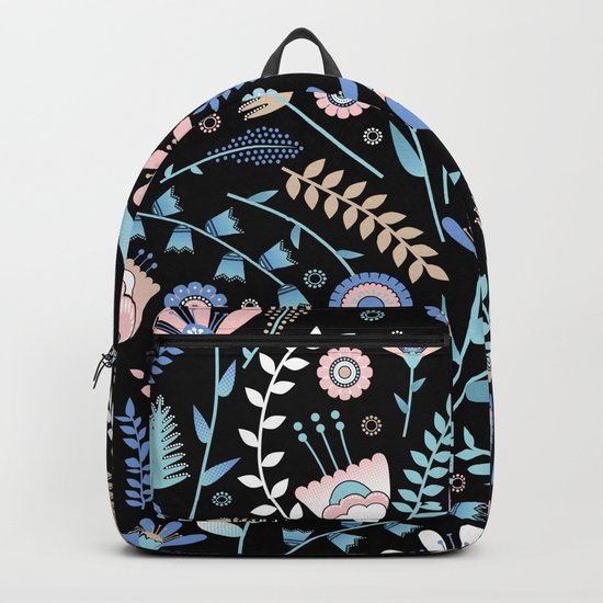 Folk floral pattern / pastel on black Backpack