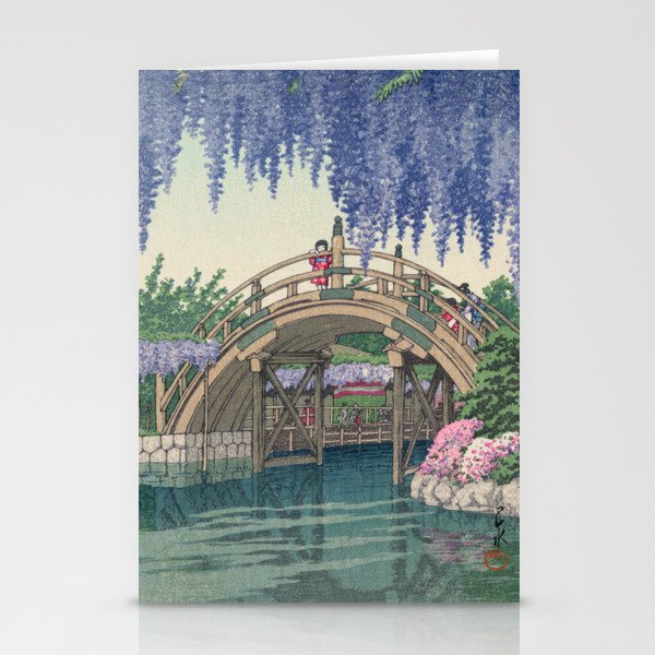 Japanese Woodblock art Kawase Hasui Girl on Bridge Stationery Cards