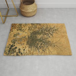 Vintage Japanese Floral Gold Leaf Screen With Morning Glory Area & Throw Rug