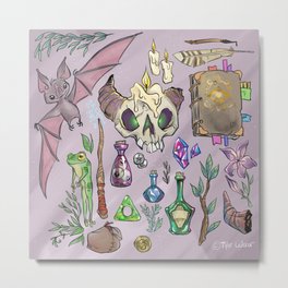 Witchy Stuff Metal Print | Candal, Wand, Bat, Skull, Drawing, Spell, Spellbook, Elixer, Witch, Frog 