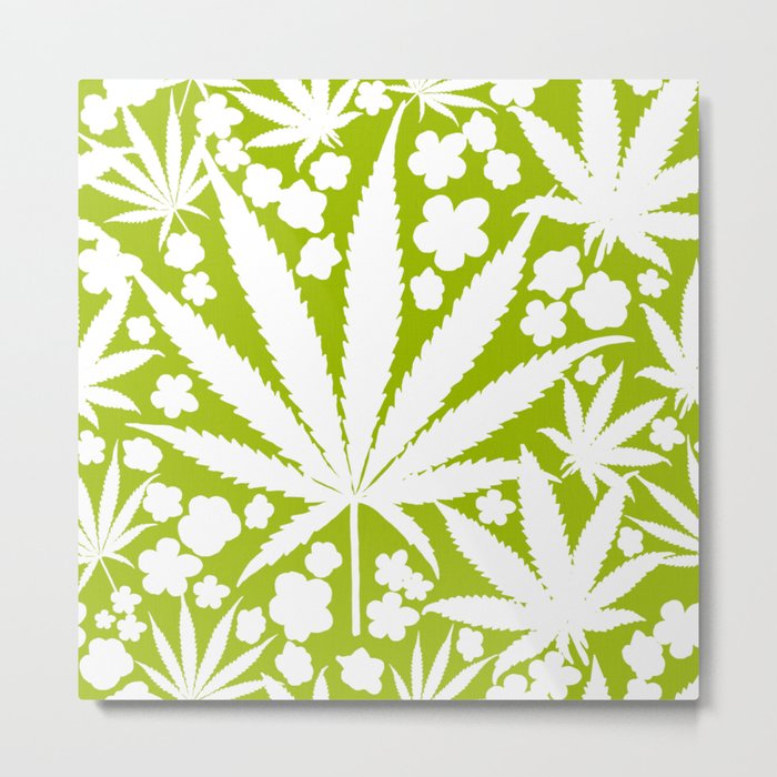Modern Retro Green And White Cannabis Leaves And Flowers Silhouette Botanical Ditzy Pattern Metal Print