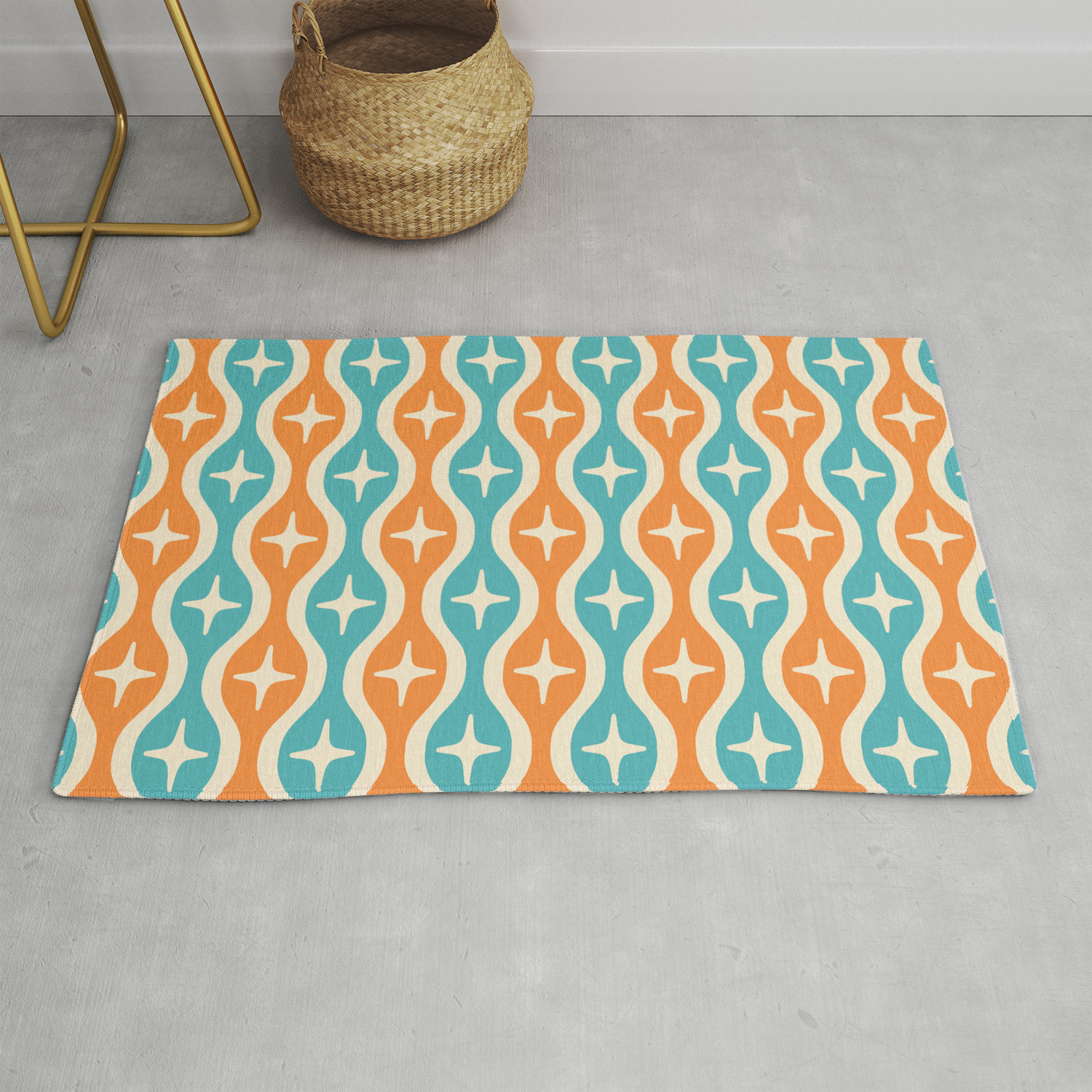 Mid Century Modern Bulbous Star Pattern, Orange And Turquoise Rug