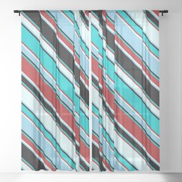 [ Thumbnail: Colorful Black, Dark Turquoise, Red, Light Cyan, and Sky Blue Colored Pattern of Stripes Sheer Curtain ]
