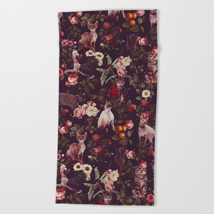Cat and Floral Pattern Beach Towel