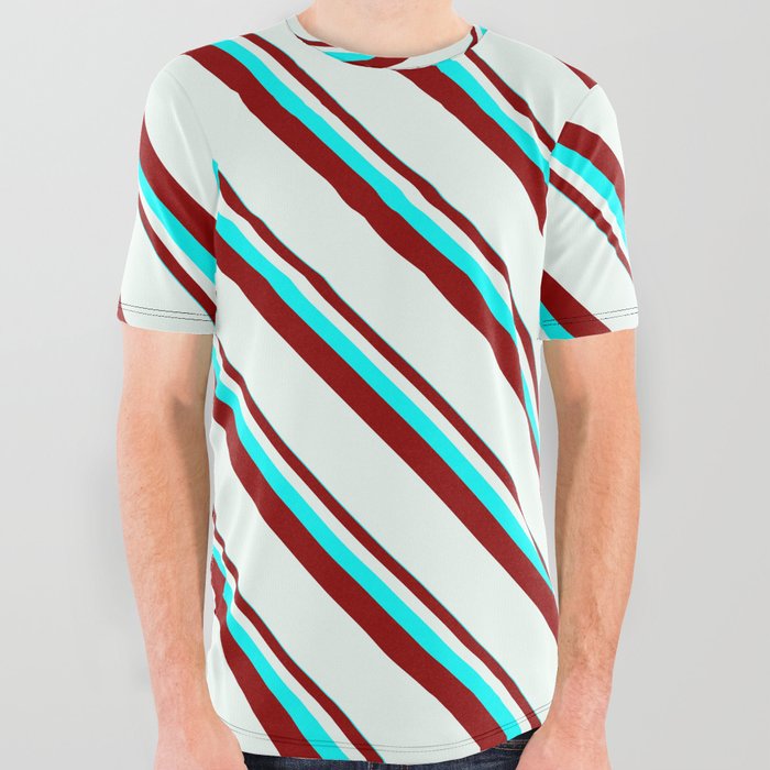 Cyan, Dark Red & Mint Cream Colored Stripes Pattern All Over Graphic Tee