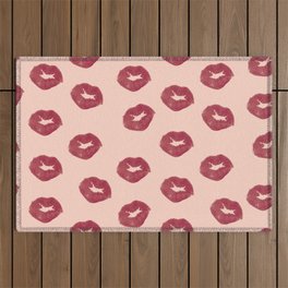 Cute Kisses Red Lips On Pink Background Pattern Outdoor Rug
