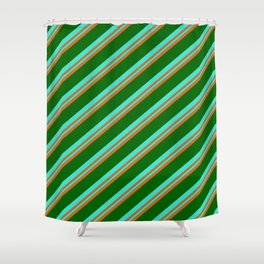 [ Thumbnail: Turquoise, Chocolate & Dark Green Colored Stripes Pattern Shower Curtain ]