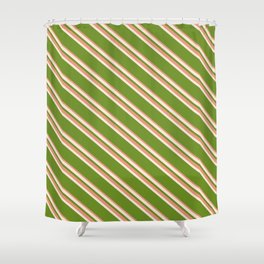 [ Thumbnail: Beige, Green & Dark Salmon Colored Striped/Lined Pattern Shower Curtain ]
