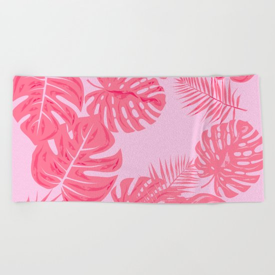 Tropical flamingo pink leaves Beach Towel