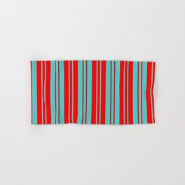[ Thumbnail: Turquoise & Red Colored Lines Pattern Hand & Bath Towel ]