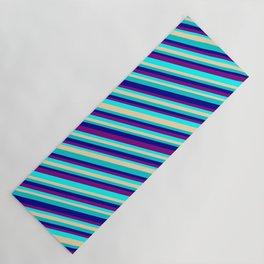 [ Thumbnail: Eye-catching Purple, Aqua, Tan, Dark Turquoise, and Dark Blue Colored Stripes/Lines Pattern Yoga Mat ]