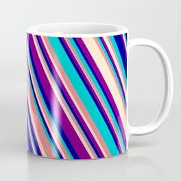 [ Thumbnail: Light Coral, Bisque, Purple, Dark Blue, and Dark Turquoise Colored Lined/Striped Pattern Coffee Mug ]