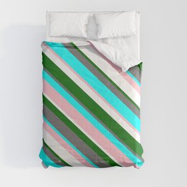 [ Thumbnail: Eyecatching Dark Green, Dim Grey, Aqua, Pink & White Colored Lines/Stripes Pattern Comforter ]
