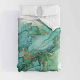 Emerald Gold Waves Abstract Ink Comforter