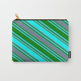 [ Thumbnail: Slate Gray, Green & Cyan Colored Stripes/Lines Pattern Carry-All Pouch ]