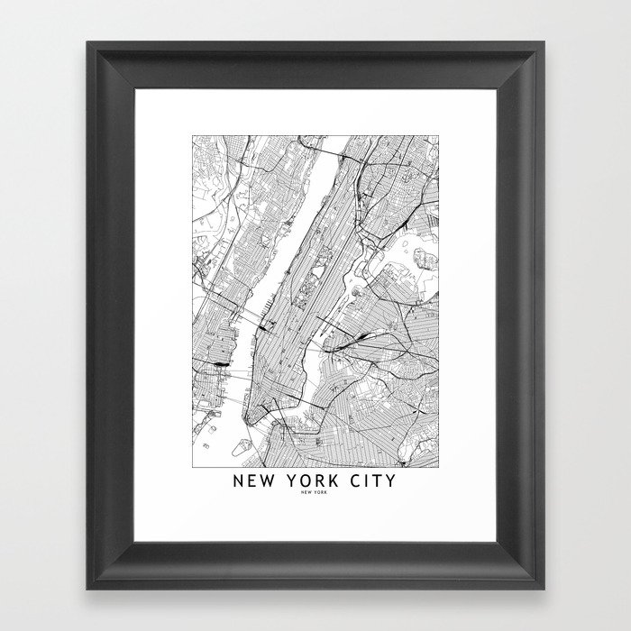 New York City White Map Gerahmter Kunstdruck | Graphic-design, Graphic-design, Digital, Black-&-white, Vector, Karte, City, Urban, Street-map, Road-map