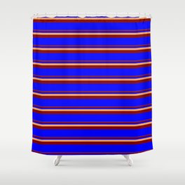 [ Thumbnail: Brown, Maroon, and Blue Colored Lined Pattern Shower Curtain ]