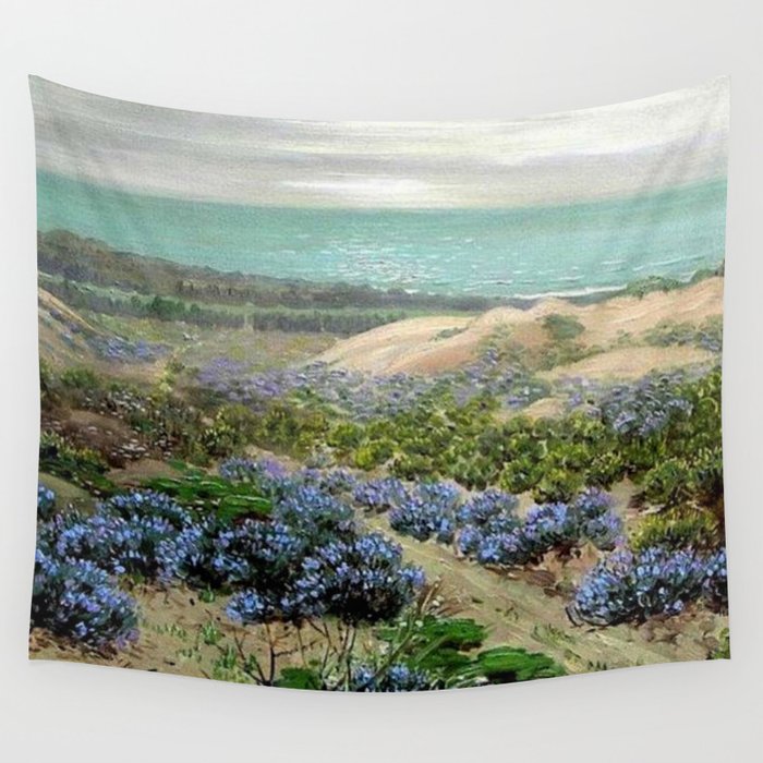 Bluebonnet flowers & San Francisco Sand Dunes nautical seaside landscape painting by Theodore Wores Wall Tapestry