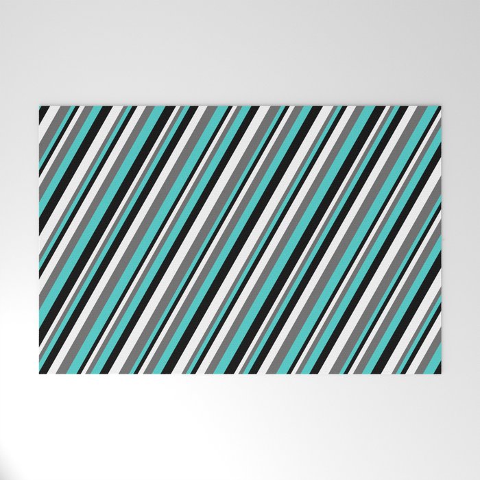 White, Dim Gray, Turquoise, and Black Colored Lined Pattern Welcome Mat