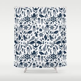 Nautical Silhouettes (Navy Blue on White) Shower Curtain