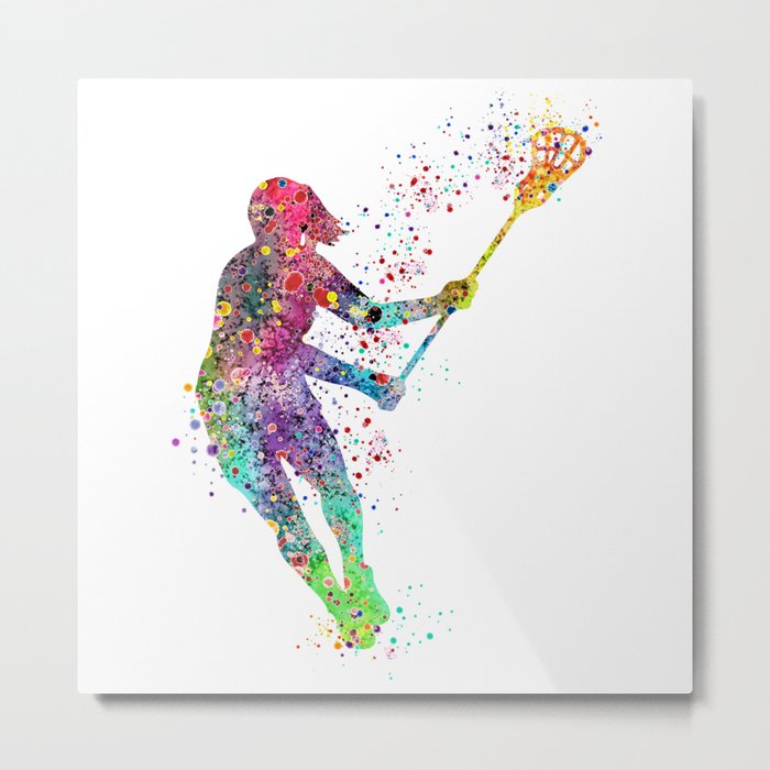 Lacrosse Girl Colorful Watercolor Sports Art Metal Print